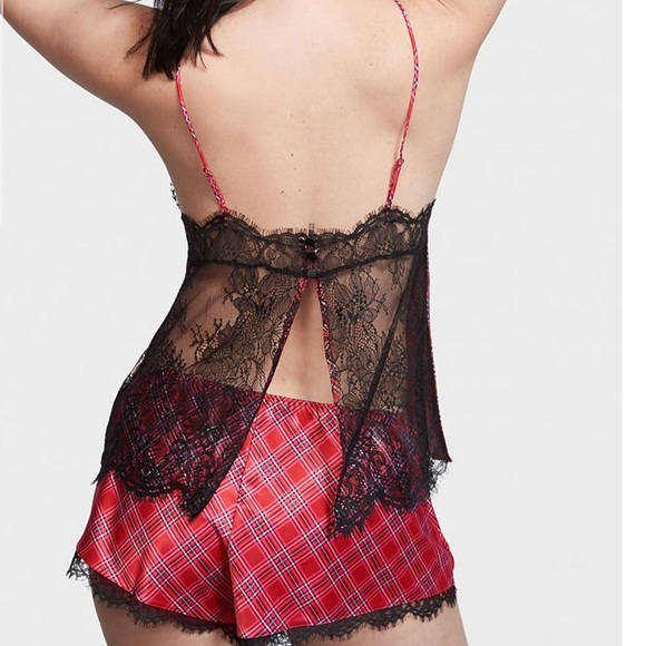 NWT Victoria’s Secret 2 Pc M L XL LUXE SATIN Stretch Lace Back Cami Set Plaid - Picture 1 of 4